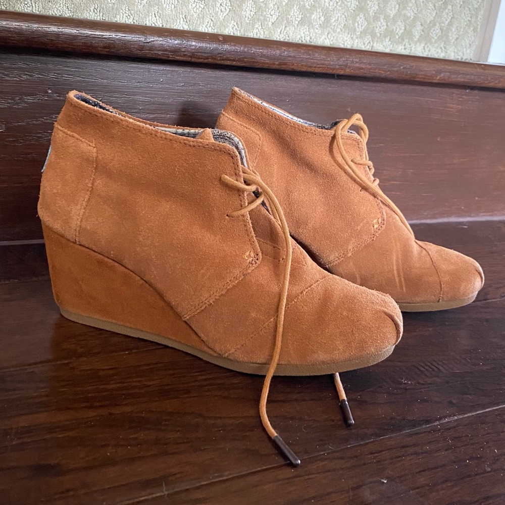 SOLD Toms Camel Moccasin Wedge Booties